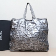 CHANEL 銀色帆布12開銀扣塗鴉手提托特包45肩背包
