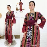 long dress tenun ATBM kombinasi renda lengan panjang ret belang Ld 104