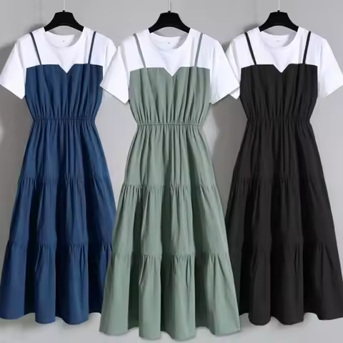 Women Fake Two Piece Waisted Pleated Color Block Dress Summer Strap Block Short Sleeved Dress