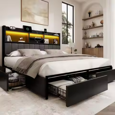 King Bed Frame with 6 Storage Drawers, Linen Upholstered Headboard, Builtin USB Charging Station amp