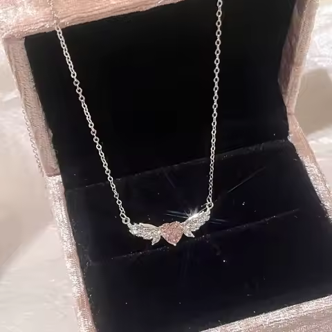 Trendy Pink Rhinestones Heart Pendant Necklace for Women Silver Color Chain Angel's Wings Chokers Ne
