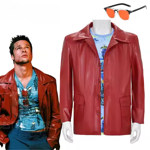 Movie Fight Club Cosplay Costume Tyler Cos Jacket PU Leather Coat Shirt Glasses Full Set for Men Hal