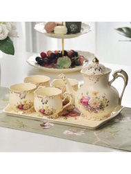 10入組，一個托盤+一個茶壺+四個杯子+四個湯匙陶瓷茶具，歐式復古風格優雅的玫瑰花紋水杯250毫升，淺黃色800毫升茶壺和湯匙套裝，適用於下午茶，餐廳，客廳茶杯組合