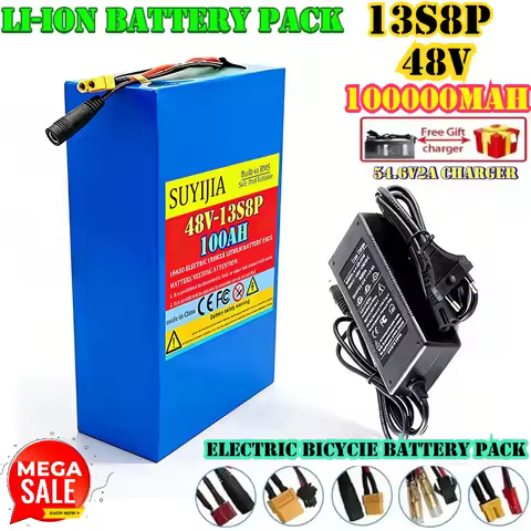 13S8P 48V 100Ah 18650 Lithium Battery Pack 10000mAh Large Capacity Suitable for 48V 250-1500W Built-