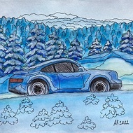 Snowy Road watercolour painting, nature artwork, Porsche 911, winter landscape