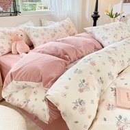 【In stock】Polyester Floral Flat &amp;fitted BedSheet Set Quilt Cover PillowCases Super Single/queen/king Size Flat Fitted Bedsheet Set 4 in 1 Cadar YGGH