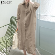 Esolo ZANZEA ชุดเดรสเสื้อสตรีแขนยาวเปิดไหล่ฤดูร้อนแฟชั่นของผู้หญิงชุดเดรสมิดี