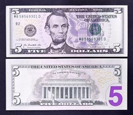 外钞~2013 The United States Of America Federal Reserve Note 5 Dollars Banknote (Abraham Lincoln) 美国 美金