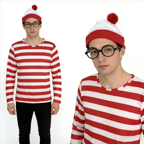 Cartoon Wheres Waldo Striped Shirt Youth Boys Wally Costume Shirt Glasses and Hat Socks Unisex Adult