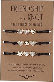 Best Friend Bracelet Set for 3, Matching Friendship Knot with Crystal Heart Charm, Adjustable Cord J