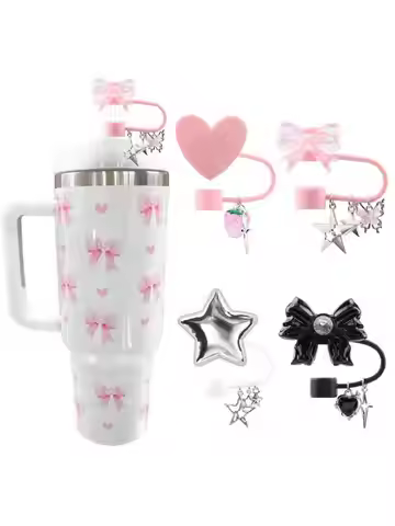 4pcs Cute Dust Cover Strawberry Star Pendant Straw Lid/Top Cover, Compatible with Stanley Cup Lid 40