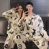 Stylish Pajama Set for Men and Women Ice Silk Long-Sleeved Loungewear Couple Satin Thin Pajama Set