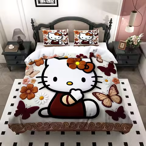 Hello Kitty Autumn Bedding Set, Floral Print, Kitty & 3D Flower Scene, Soft Microfiber Duvet Cover f