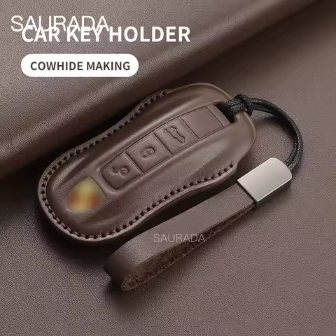 Genuine leather Style Car Key Case Fob For Porsche 718 911 918 Taycan Carrera Cayenne Macan Panamera