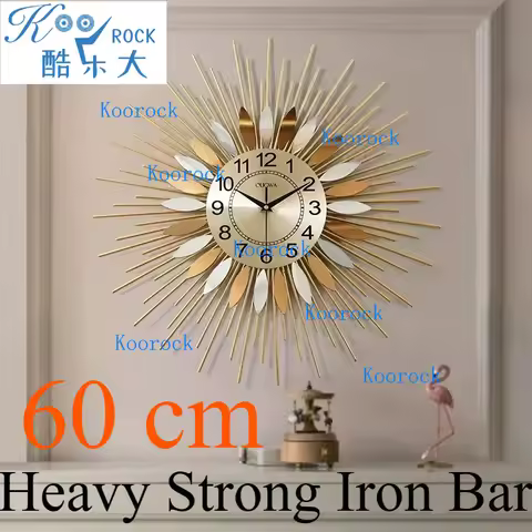60cm Radiant Sun Wall Clock with Golden Iron Bars & Orange Flame Iron Plates, Heavy-Duty Design, Sym