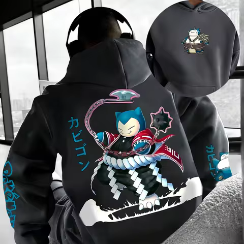 Grey Cotton Hoodie with Pokemon Snorlax Character Print Red Cape Battle Stance Casual Pullover Long 