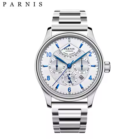 Parnis 43mm Automatic Mechanical Men Watch Moon Phase Power Reserve Miyota 9100 Movement Silver Stai