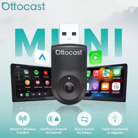 OTTOCAST Mini 2-in-1 Wireless CarPlay Android Auto Adapter with One-Key Disconnect, 5GHz WiFi Plug&P
