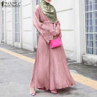 ZANZEA Muslimah ผู้หญิงมุสลิม Flare แขนยาวสายลูกไม้เย็บปะติดปะต่อกันชุด Maxi จีบ