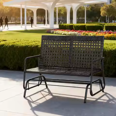 Outdoor Wicker Glider Bench Loveseat 2 Person Seating All Hand Woven Rattan Patio Furniture Garden P