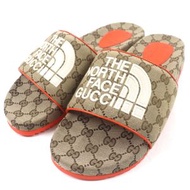全新未使用 GUCCI THE NORTH FACE GG 帆布和皮革拖鞋，ブラウン橙色，10 碼，義大利製造，附鞋盒和防塵袋。