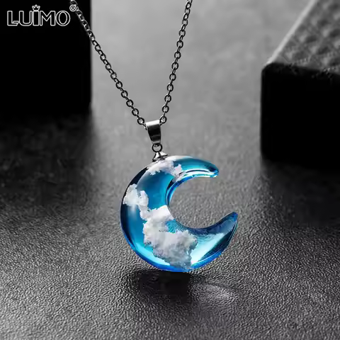 Resin Ball Moon Pendant Necklace Blue Sky White Cloud Chain Necklace Jewelry