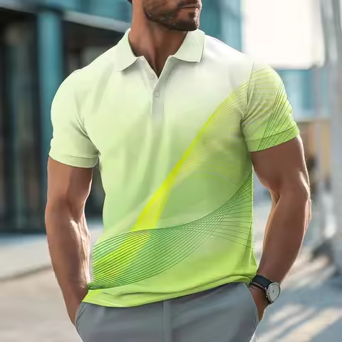 Men's Geometic Line Polo Shirts Short Sleeve Polo Shirts Collared Shirts Casual Athleisure Buttons S