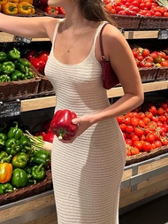 Đầm Dệt Kim Màu Trắng Cho Nữ Đầm Midi Ôm Sát Hở Lưng Cổ Điển Thanh Lịch Đầm Ôm Sát Không Tay Mùa Hè 