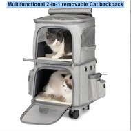 "SG SELLER" Double Layer Cat Carrier Backpack with wheels Removable Pet stroller for 2 Cats Collapsi