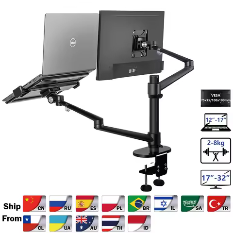 OL-3L Aluminum Height Adjustable Desktop Dual Arm 17-32 inch Monitor Holder+12-17 inch Laptop Holder