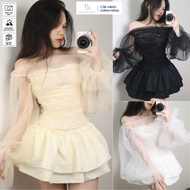 MD" 3-Layer Lady's Long Sleeve Off-Shoulder Mesh Lace Top Set + 3-Layer Flared Skirt Flattering DH S