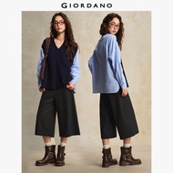 GIORDANO Women Sweaters Fake 2-Piece Stripe Patchwork Shirt Sweaters V-Neck Loose Fit Fashion Smart