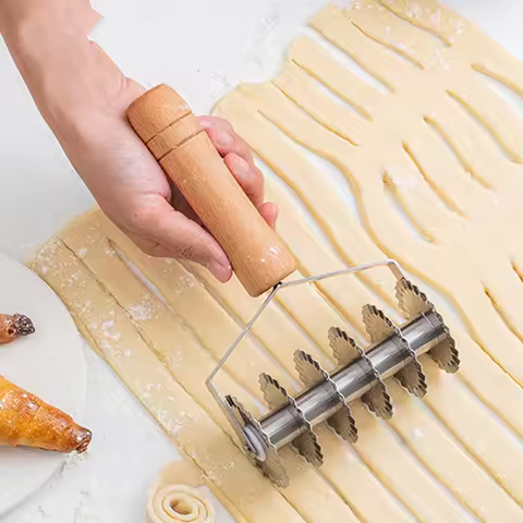 Stainless Steel Pastry Dough Lattice Roller Cutter with Wood Handle Noodle Cookie Dessert Pizza Brea