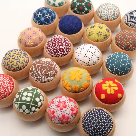 DIY Sashiko Pin Cushion with Wooden Base Pin Holder Embroidery Sewing Kit Floral Print Cotton for Ho