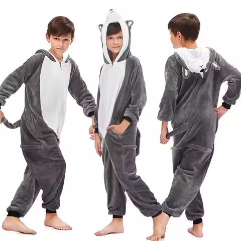 Tiger Wolf Animal Pajamas Kids Unicorn Onesies Overalls Children Cosplay Kigurumi Sleepwear Rabbit P