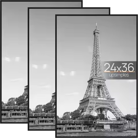 24x36 Poster Frame 3-Pack Black, Scratch-Proof Picture Frames with Slide-In Strips for Wall Mounting