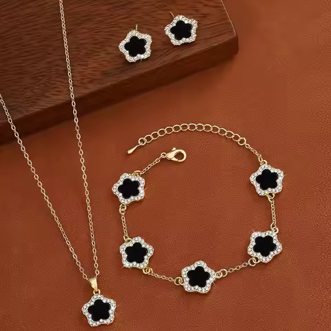 4Pcs Luxury Five Leaf Flower Pendant Jewelry Set for Women Gift Fashion Trendy Stainless Steel Clove