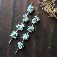 蔚藍色亮片花朵玻璃管珠長形垂墜長耳環 耳針 耳夾