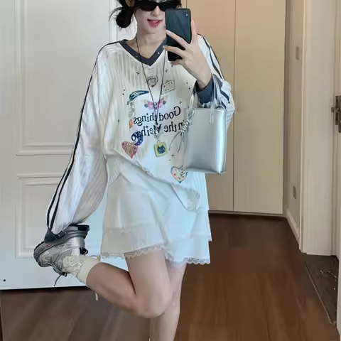 American High End Fashion Popular V Neck Long Sleeve Shirts Y2k Aesthetic Sweet Punk Print Women Top