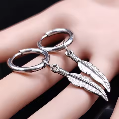 Fashion Punk Feather Stainless Steel Hoop Earing for Women/Men Silver Color Earings Jewelry pendient