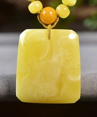 精品天然蜜蠟無事牌吊墜雞油黃滿蠟白妖花