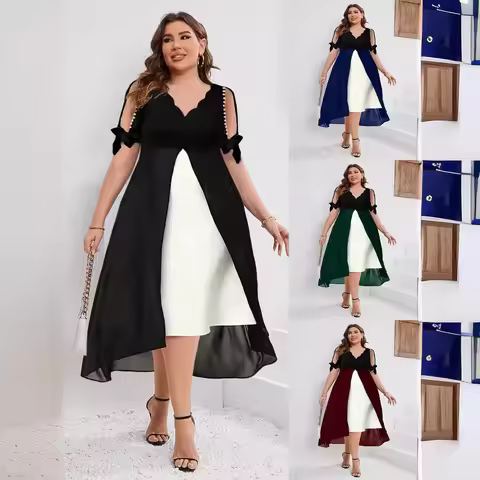 2026 Women's Summer Fake Two Pieces Splicing Dress Elegant Plus Size Patchwork Irregular Dress Women