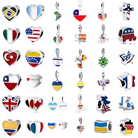 2026 Original 925 Silver Flag Series Charm US UK Italy Brazil Ukraine Bead Bracelet Charm Women DIY 