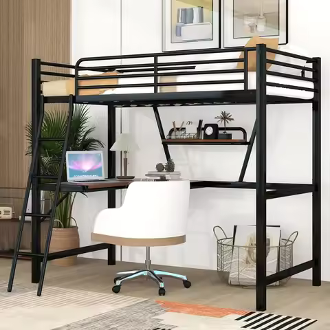 Twin Size Loft Bed with Desk and Storage Shelf Heavy Duty Loft Bed Twin Size Twin Loft Bed with Guar