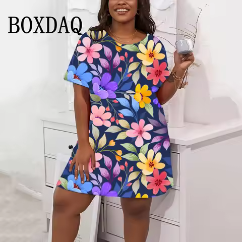 Fashion 3D Floral Print Dresses For Women Vintage Summer Big Sizes Short Sleeve Dress Casual O-Neck 