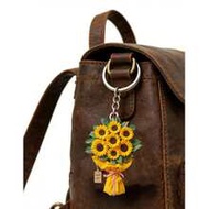 Elegant 2d Flat Sunflower Bright Yellow Bouquet Keychain, Realistic Flowers And Delicate Ribbon Deco