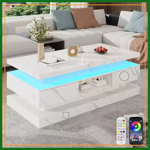 47.2 Inch LED Coffee Table with 2 Drawers, Double-Layer Design, Black Modern Living Room Furniture