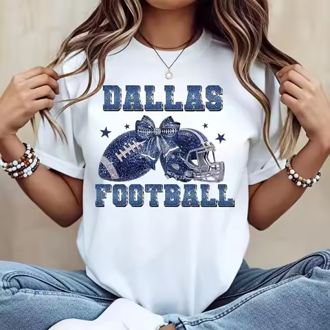 Dallas Football Glitter Helmet And Ball Bow Print T-Shirt, NFL Team Spirit Fan Apparel, Casual Game 
