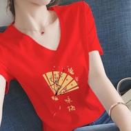 Womens V-neck T-shirt 2024 Summer New Print Versatile Slimming Fashion Loose Casual Top