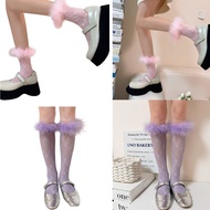 YOIOI Womens Socks Lace Calf Socks Solid Color Mesh Knee Socks Furry Trims Stockings